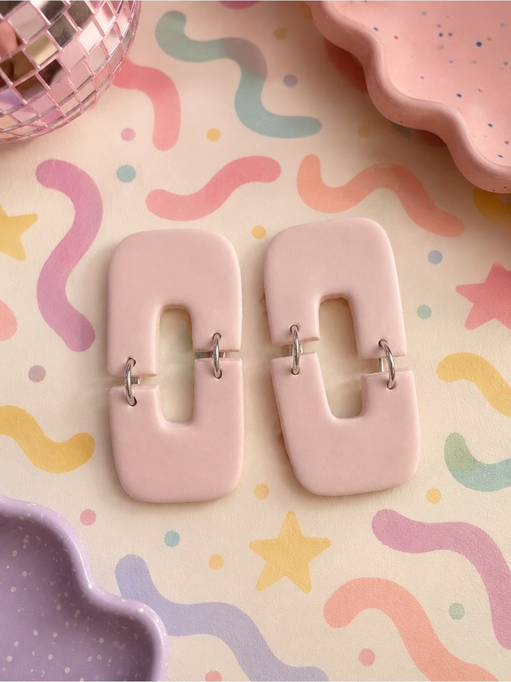 Matte Pale Pink Linked Drop Handmade Polymer Clay Earrings